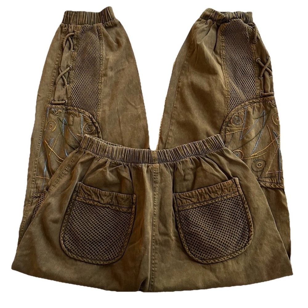 Y2K Gorpcore Utility Pants-Embroidered Patchwork Mesh Pockets-Earthy Brown-M - Picture 3 of 12